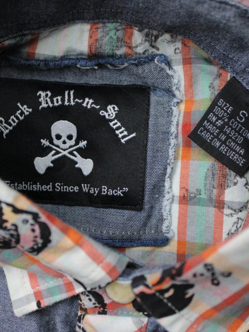 Rock Roll-n-Soul AOP Shirt Mens Small Orange Skull All Over Print Pearl Snap L/S - Picture 7 of 12